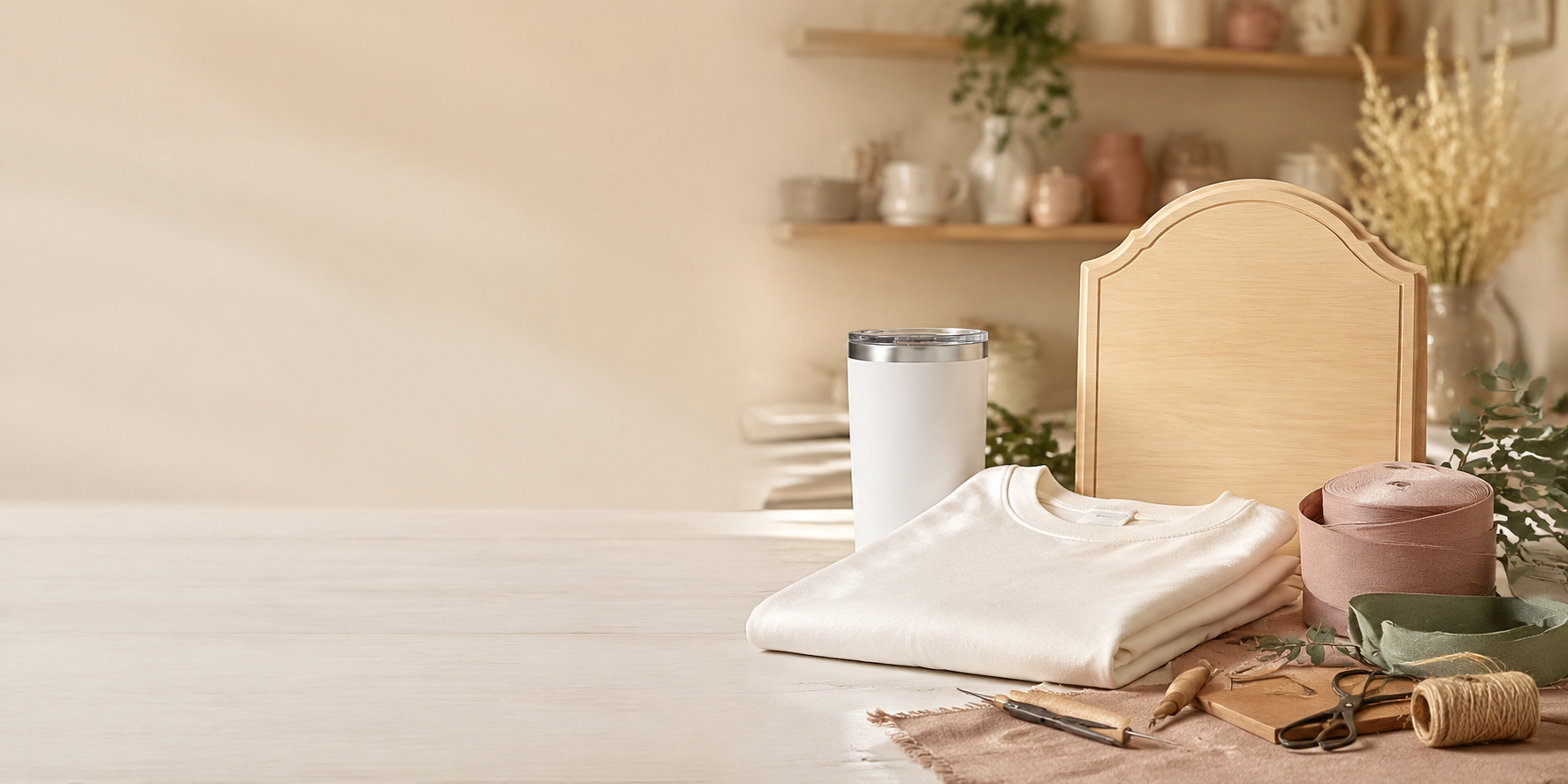 Coordinated handmade gift items arranged in an artisan studio
