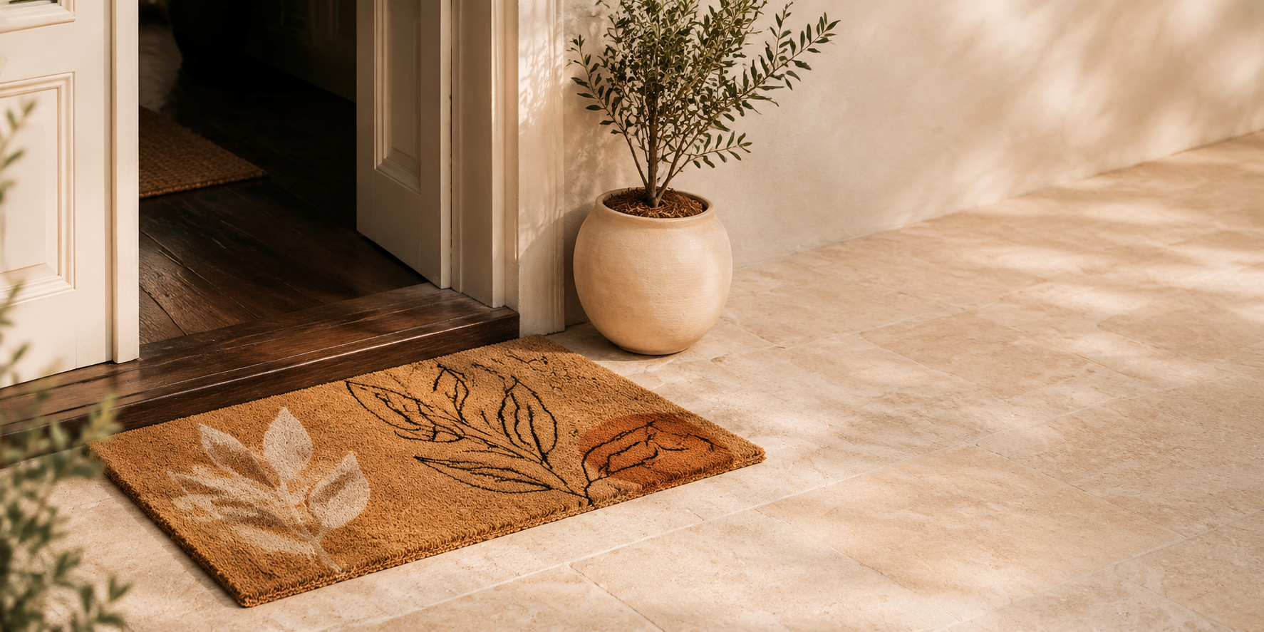 Warm styled entryway featuring a handcrafted doormat