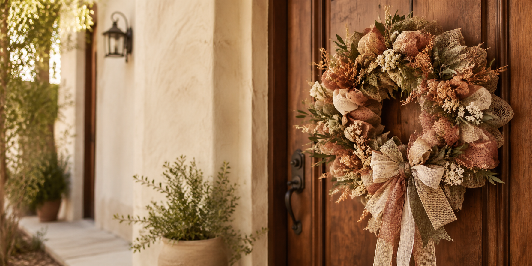 Elegant handmade wreath displayed on a warm wood front door